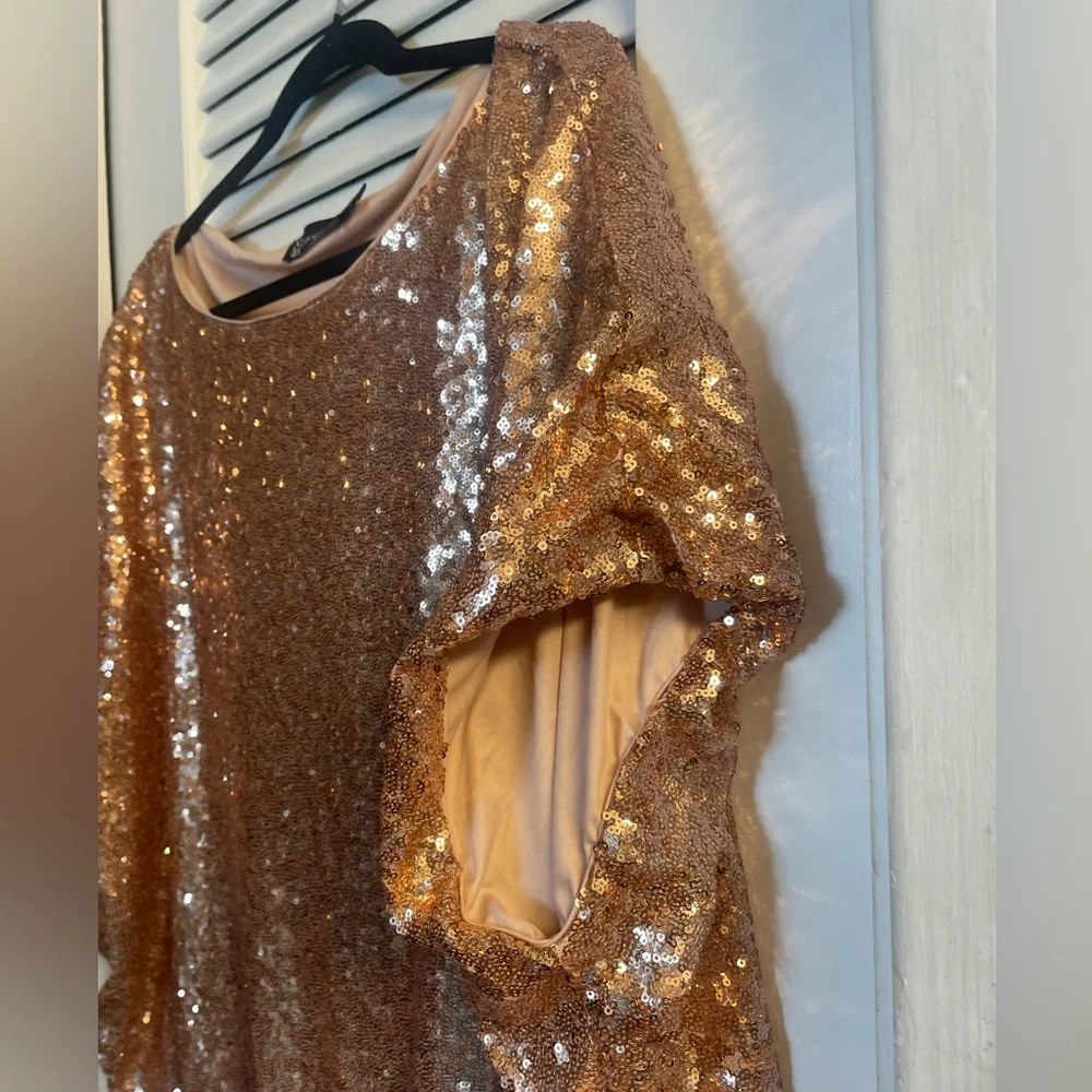 New York & Company Rose Gold Sequined Short Sleeve Balloon Hem Blouse XXL - Picture 5 of 7